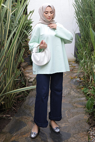 İmajButik Ανοιχτό πράσινο πουλόβερ με λαιμόκοψη oversized με δύο κλωστές