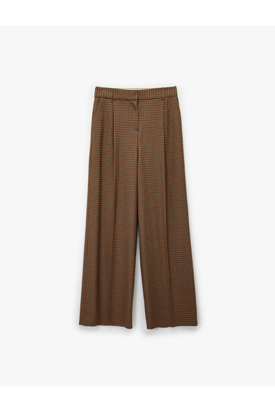 Koton Yüksek Bel Geniş Paça Viskon Karışımlı Ekoseli Pantolon