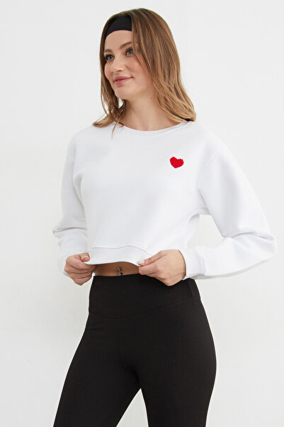 Fulla Moda 3 Thread Heart Embroidered Crop Sweatshirt