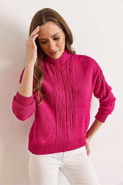 Olalook Women's Fuchsia Mock Neck Mid-Hair Braided Knitwear Sweater Kzk-19000912