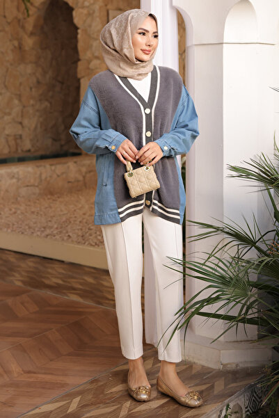 İmajButik Smoked Denim Paneled Soft Angora Cardigan