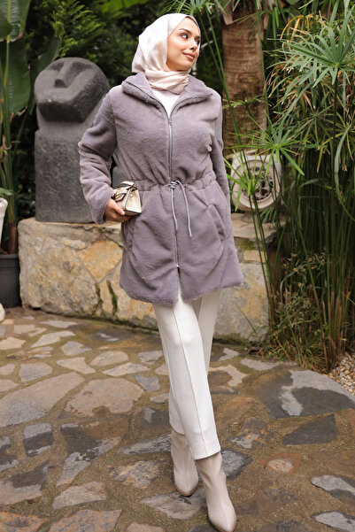İmajButik Smoked Waist Drawstring Flato Pocket Zippered Plush Coat