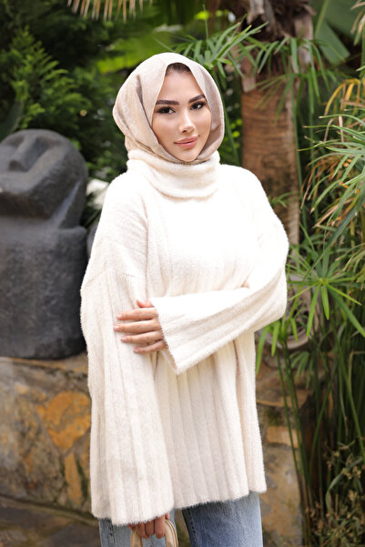 İmajButik Πουλόβερ με ζιβάγκο σε κρεμ χρώμα, χαλαρό πλεκτό πουλόβερ από ανγκόρα