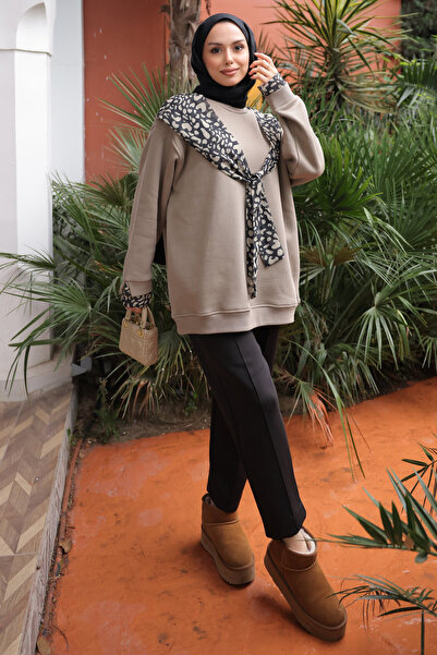 İmajButik Φούτερ με λεπτομέρεια από χακί φουλάρι, επένδυση fleece τριών κλωστών