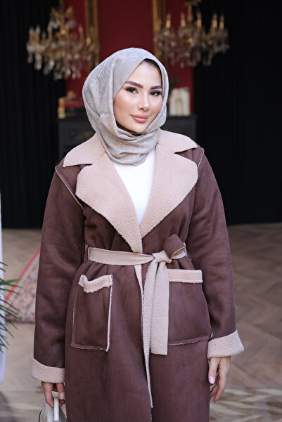 İmajButik Καφέ διπλό πέτο Παλτό από σουέτ με γούνα στο εσωτερικό του γιακά