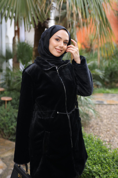 İmajButik Black Drawstring Flato Plush Coat with Pockets and Zipper