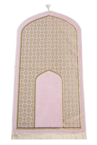 ihvan online سجادة صلاة فاخرة من الشنيل بنمط محراب بيضاوي مع شراشيب باللون الوردي