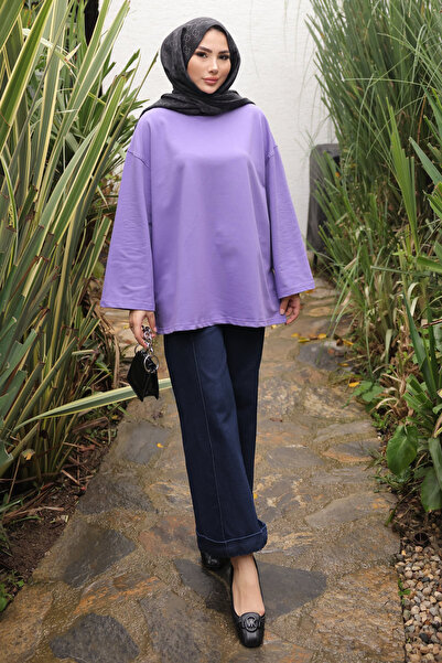 İmajButik Μωβ μπλούζα με λαιμόκοψη oversized από χτενισμένο βαμβάκι