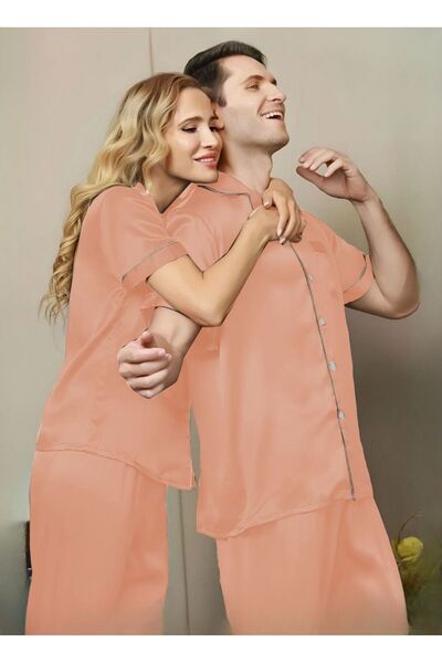 Nice Model Satin Pajama Set Couples Matching Button Down Long Sleeve Sleepwear Loungewear Nightwear Gift