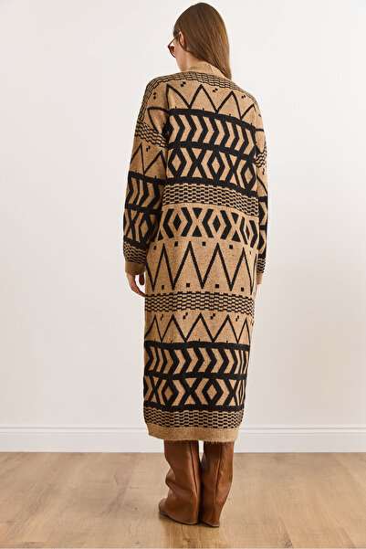Olalook Women's Camel Ethnic Pattern Soft Textured Long Knitwear Cardigan Hrk-19000421
