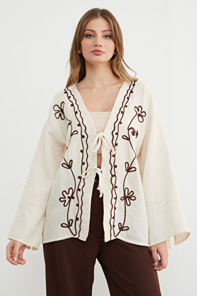 Fulla Moda Embroidered Front Lace-Up Linen Look Kimono
