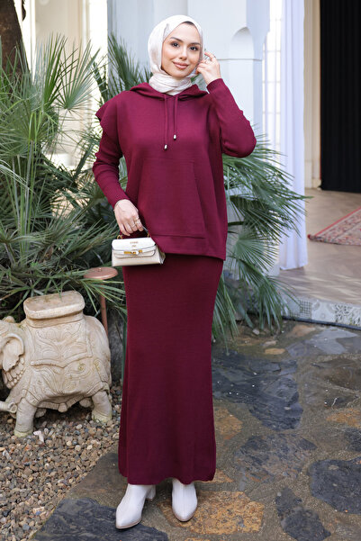 İmajButik Burgundy Knitwear Sweater Combination Dress