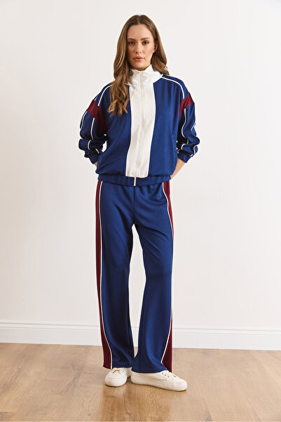 Olalook Women's Navy Blue Color Block Modal Buttoned Suit Tkm-19000466