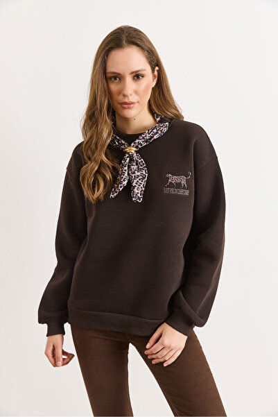 Olalook Γυναικείο φούτερ με λεπτομέρεια σε καφέ χρώμα επένδυση fleece φούτερ SWT-19000762