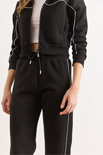 Olalook Γυναικεία Μαύρη Φόρμα διακοσμητικό ρέλι επένδυση fleece ETKM-0000091