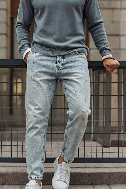 MADZEYMODA Men's Boyfriend Fit Snow Wash Denim Ripped Detail Jean Denim Pants Bf-499