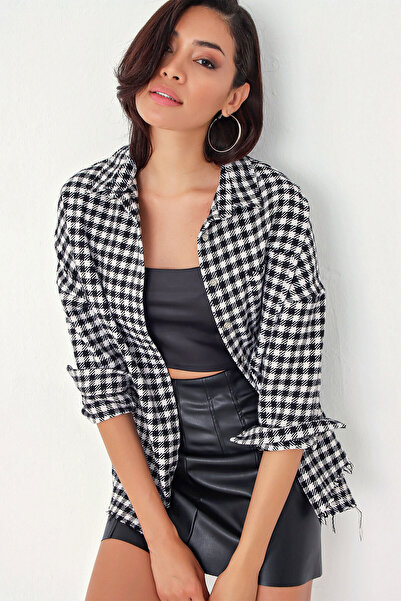 Bigdart Γυναικείο πουκάμισο με καρό σχέδιο oversized Lumberjack 3854 - Μαύρο - Λευκό