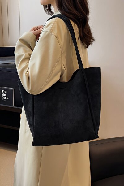 BAHELS Black Snap Fastener Suede Women's Hand and Shoulder Bag