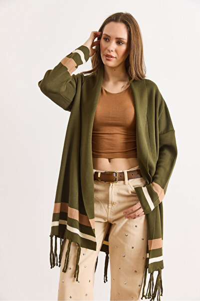 Olalook Women's Khaki Fringed Slit Shawl Collar Knitwear Cardigan Hrk-19000447