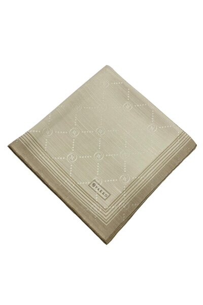 Vakko Cotton Silk Scarf - Monogram with Border - Soft Beige