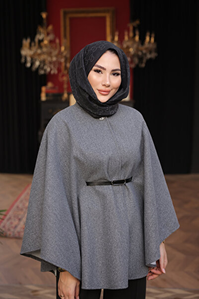 İmajButik Anthracite Belted Stamp Poncho