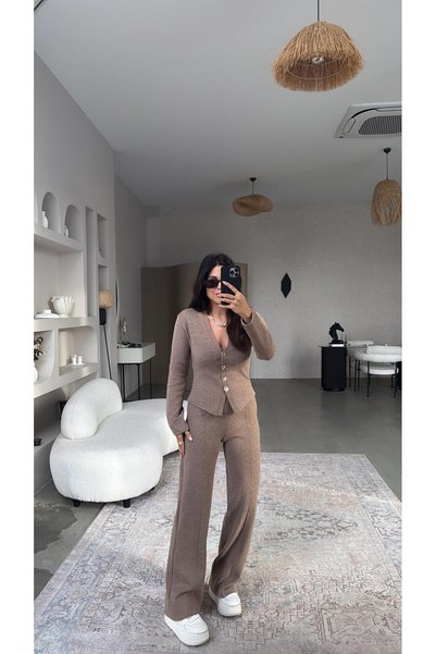 Buket Teke Mottled Brown Brioche Knit ZR Model Cardigan and Pants Set