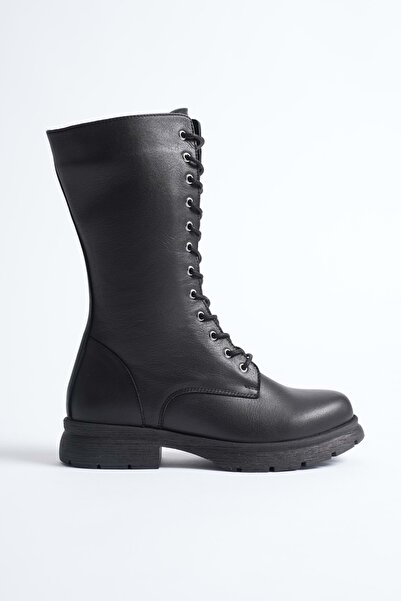 ANALİN SHOES Cizme de damă din piele naturală cu fermoar și șireturi - negru