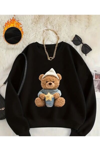 herkesemoda سويت شيرت بياقة دائرية وتفاصيل مطبوعة على شكل دب نائم