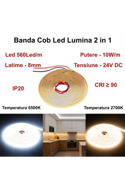 dalip LED COB Strip 560 D/m, 2-in-1 2700K-6500K, 24V, 8mm, 10W/m, CRI90, IP20, 5m