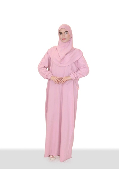 R reisa %100 Pamuk Düz Renk Başörtülü Tek Parça Namaz Elbisesi - Pembe