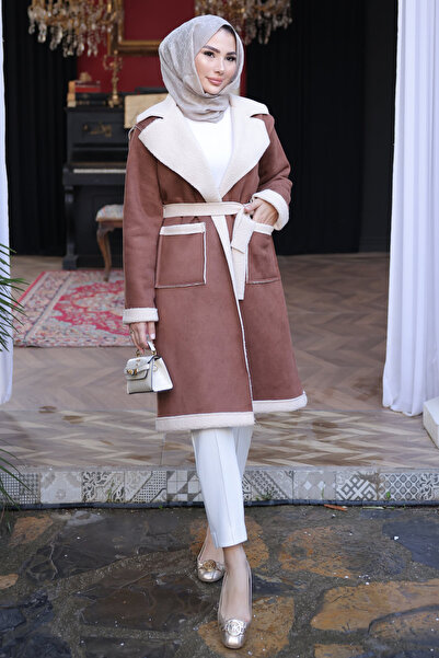 İmajButik Taba διπλό πέτο Παλτό από σουέτ με γούνα στο εσωτερικό του γιακά