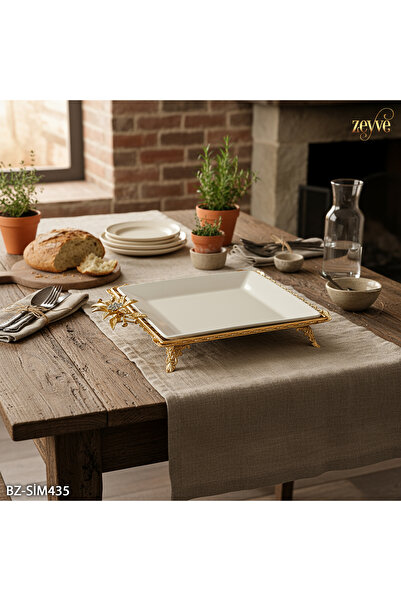 Hinora Içek Model Gold Color Porcelain Plate with Stand Square Serving Dish 28X24X9Cm Small Size