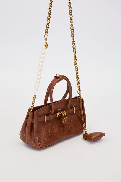 Levidor Dark Brown Long Pearl Strap Shoulder Bag