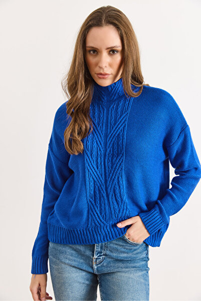 Olalook Women's Cobalt Blue Mock Neck Mid-Hair Braided Knitwear Sweater Kzk-19000912