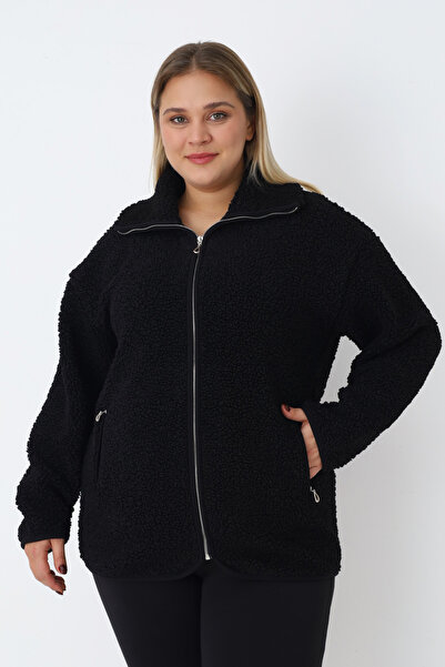 İntensive Women's Plus Size Zipper Pocket Long Sleeve Plush Cardigan