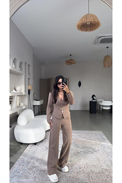 Buket Teke Set pantaloni cardigan model ZR din tricotat Selenik maro mătăsos