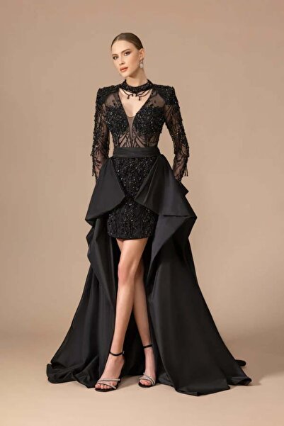 Kenzel İşlemeli Önü Kısa Arkası Uzun Elbise