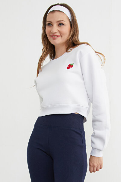 Fulla Moda 3 Thread Strawberry Embroidered Crop Sweatshirt