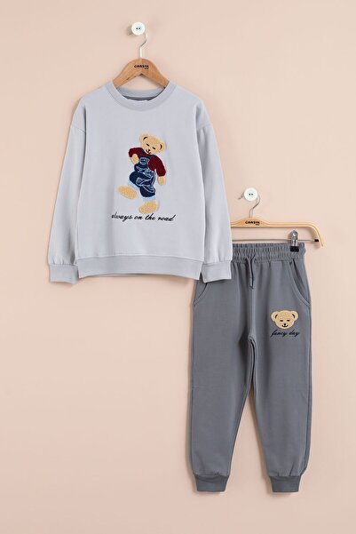 Cansın Mini Gray Teddy Bear Embroidered Boys' Tracksuit Set 2 Pieces 23395