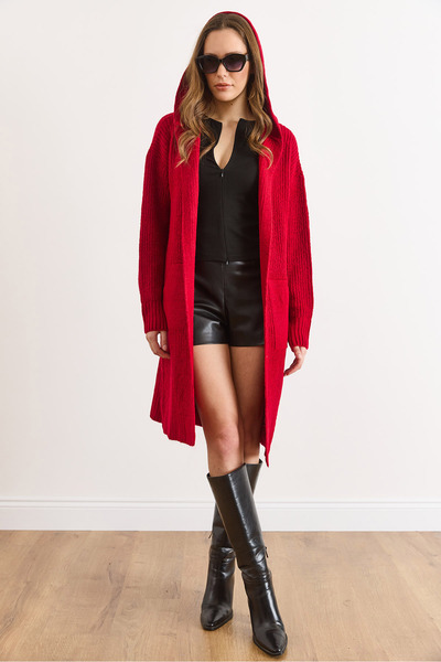 Olalook Women's Red Hooded Pocket Soft Textured Thick Cardigan Hrk-19000416