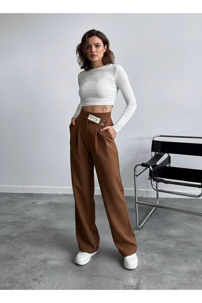 HA-KA GİYİM Women's Imported Doubleface Palazzo Pants with Belt Detail, Pleated, High-Quality Product, Does Not Fade