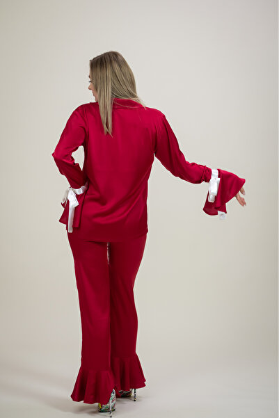 twc_The White Coats Elegant Premium Red Satin Pajamas with Ruffles and Bows – 2 Piece Set, Decorated Cuffs