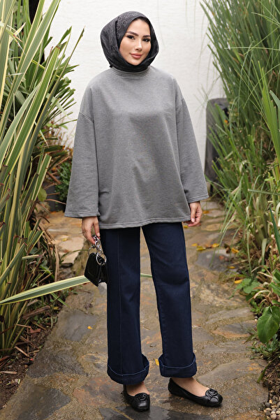 İmajButik Anthracite Crew Neck Oversized Two Thread Tunic