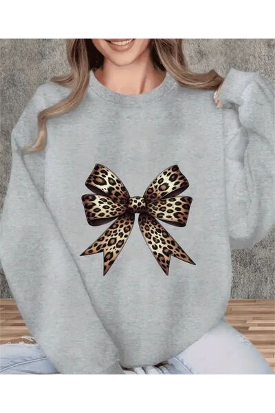 herkesemoda Leopard Bow Print Detailed Crew Neck Sweatshirt