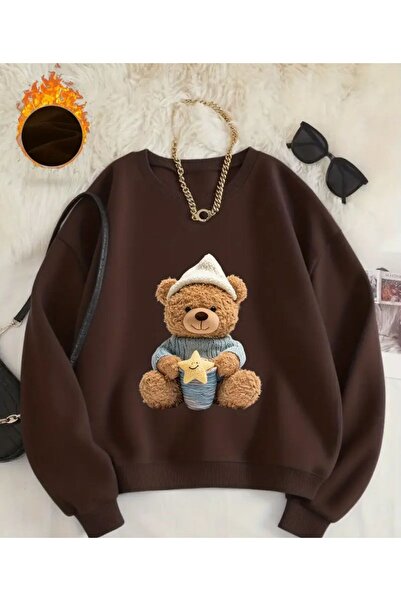 herkesemoda Sleepy Bear Print Detailed Crew Neck Sweatshirt