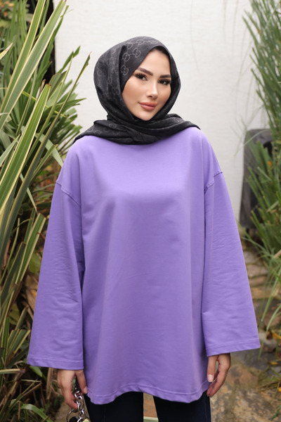 İmajButik Μωβ μπλούζα με λαιμόκοψη oversized από χτενισμένο βαμβάκι