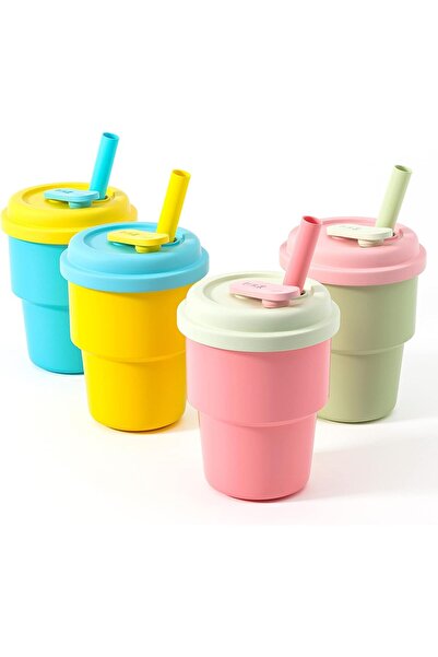 Generic 4-Piece Kids Cups Set with Straws and Silicone Lids, BPA-Free, Anti-Spill - Cream