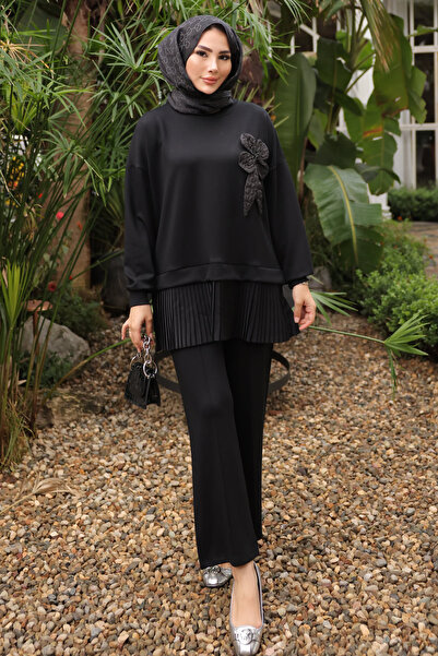 İmajButik Black Hem Pleated Tunic Trouser Suit