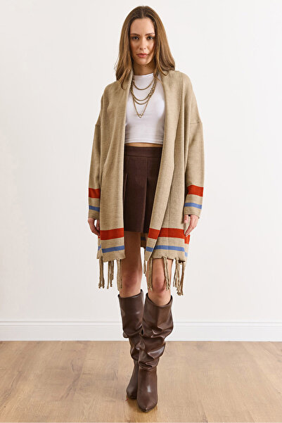 Olalook Women's Mink Fringed Slit Shawl Collar Knitwear Cardigan Hrk-19000447