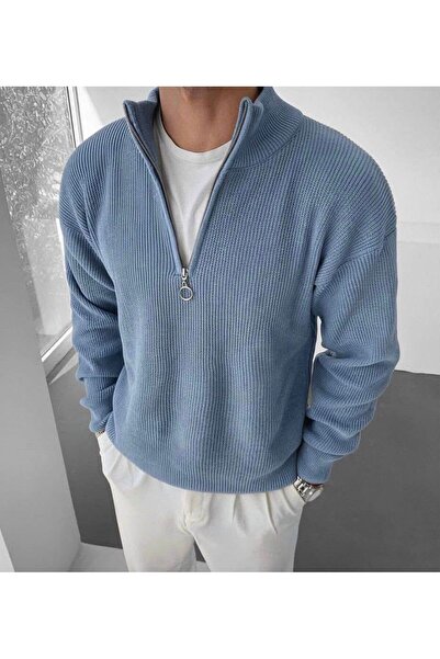 neonstore Men's Mock Neck Zippered Slim Fit Knitwear Sweater